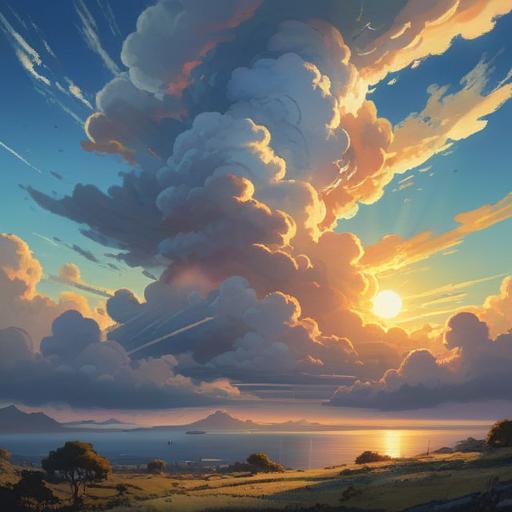 A captivating scene of towering cumulus clouds, vibrant blue skies, reflecting spiritual energies, golden rays of sunlight breaking through, serene landscape below, birds soaring around, evoking a sense of peace and connection to nature, high detail, tranquil atmosphere