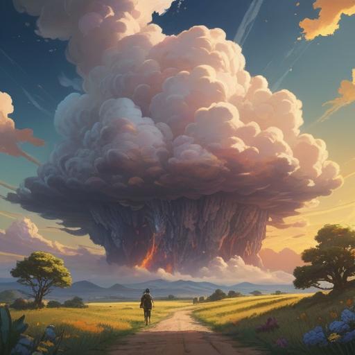 A magical, serene landscape showcasing towering cumulonimbus clouds illuminated by golden sunlight, representing spiritual signs of positivity, a tranquil atmosphere with rays of light breaking through the clouds, lush green fields below, a gentle breeze making the grass sway, vibrant colors, a sense of hope and renewal, 4k