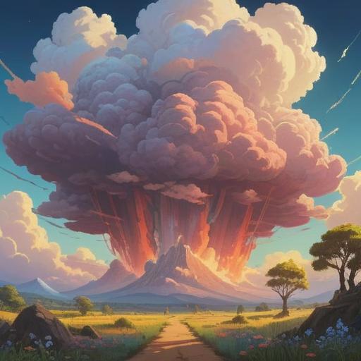 A serene landscape featuring towering cumulonimbus clouds, mystical aura surrounding the clouds, soft sunlight breaking through, a peaceful nature scene, hints of spiritual significance, subtle signs of energy, inviting atmosphere, sense of awareness, vibrant colors, clear blue sky, 4k