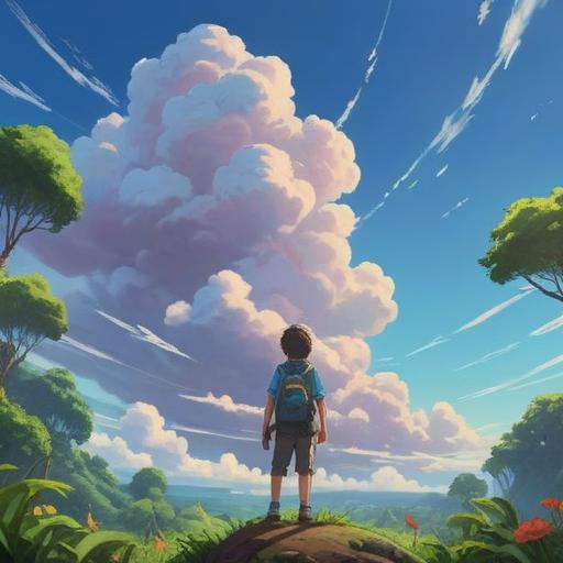 A serene landscape featuring fluffy cumulus clouds in a bright blue sky, a person looking up with a joyful expression, surrounded by lush greenery, a vibrant rainbow arching overhead, whimsical lucky items scattered around, such as a four-leaf clover and a horseshoe, a sense of wonder and optimism, bright and cheerful atmosphere, 4k