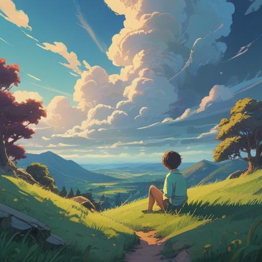 A serene landscape illustrating the aftermath of observing cumulus clouds, gentle sunlight breaking through the clouds, a calm person sitting on a grassy hill, reflecting with a peaceful expression, surrounded by nature, soft breeze, lush greenery, warm colors, soothing atmosphere, 4k