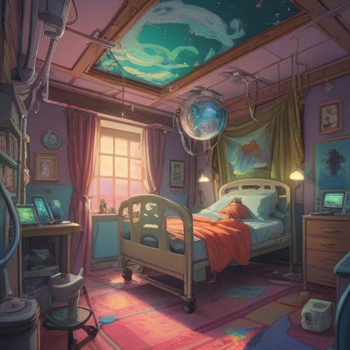 A surreal dreamscape illustrating a person in a hospital bed, ethereal light surrounding them, symbolic representations of spiritual signs, dreamlike atmosphere, incorporating elements like floating feathers and glowing orbs, deep introspection, subconscious exploration, vibrant colors, 4k