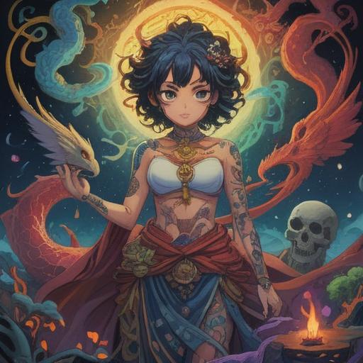 A mystical tattoo design, intricate patterns, symbolic imagery representing spirituality, vibrant colors, a serene character with a thoughtful expression, surrounded by nature, ethereal light, deep connection to cultural heritage, artistic composition, 4k