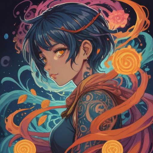 A mystical scene depicting the emergence of a tattoo, vibrant energy swirling around it, ethereal symbols glowing, a person looking contemplative, surrounded by nature, soft light filtering through trees, a sense of spiritual awakening, intricate details in the tattoo design, 4k