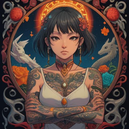 A detailed illustration of a person with intricate tattoos, surrounded by symbols of luck and prosperity, vibrant colors, mystical atmosphere, cultural elements reflecting positive energy, serene expression, dynamic composition, uplifting scene, 4k