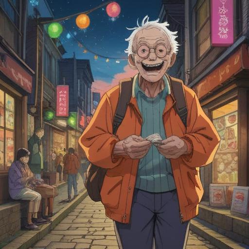 A creative illustration of a smiling elderly person confidently navigating a busy street, wearing dentures, surrounded by lucky symbols like four-leaf clovers and horseshoes, bright colors, positive energy radiating from the character, detailed urban background, a sense of fortune and optimism, 4k