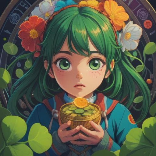 A vibrant illustration of a Sunday-born lucky charm, colorful and inviting, featuring a four-leaf clover, a lucky coin, and bright sunflowers, surrounded by a cheerful background, warm sunlight casting soft shadows, conveying a sense of good fortune and positivity, 4k