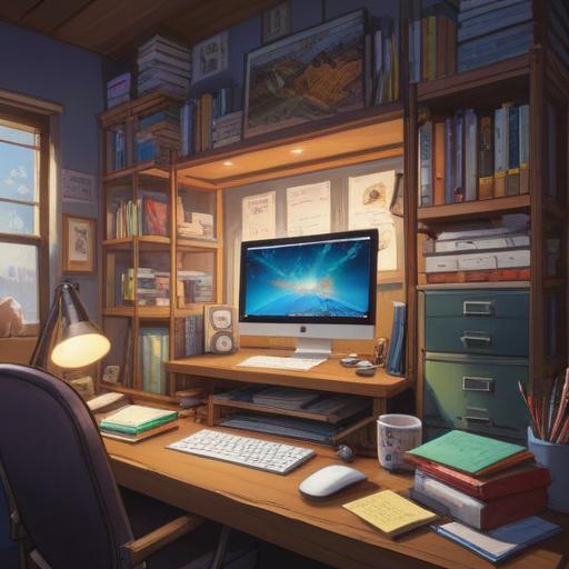An organized desk scene, various documents stacked neatly, color-coded folders, a laptop displaying graphs and charts, a cup of coffee beside a notepad with a checklist, natural light streaming through a window, a sense of productivity and clarity, 4k