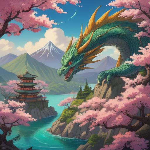 A mystical illustration of a dragon soaring over the Japanese archipelago, serene landscapes, cherry blossoms in full bloom, hints of spiritual energy surrounding the dragon, traditional Japanese motifs and patterns, vibrant colors depicting the harmony of nature, captivating scenery of mountains and oceans, an aura of ancient wisdom, 4k