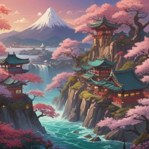 A mesmerizing illustration of a dragon shaping the essence of Japan's archipelago, surrounded by lush landscapes, radiant cherry blossoms, and serene waters, symbolizing spiritual signs and positive energies, intricate details, ethereal lighting, harmonious colors, captivating presence, 4k