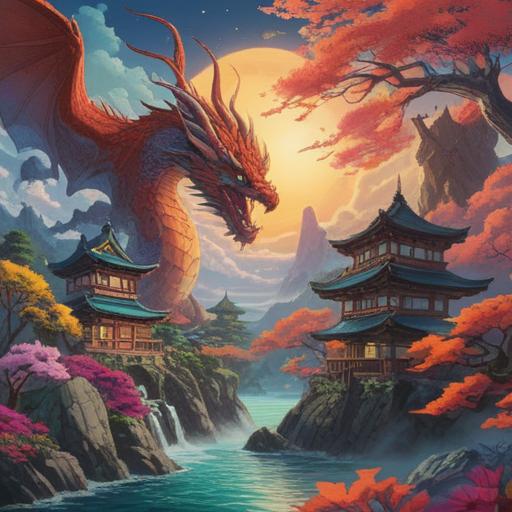 A mystical scene capturing the essence of Japan, featuring a majestic dragon soaring above the Japanese archipelago, shimmering spiritual symbols in the sky, vibrant cherry blossoms in the foreground, serene mountains in the background, dark clouds infused with light, ethereal aura surrounding the dragon, a sense of peace and reverence, intricate details, harmonious color palette, 4k
