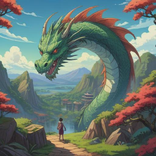 A serene scene depicting the essence of Japan's islands, a majestic dragon symbolizing strength and tranquility, surrounded by lush green landscapes and tranquil waters, soothing atmosphere, meditation figures practicing mindfulness, gentle breeze rustling through cherry blossoms, spiritual connection with nature, 4k