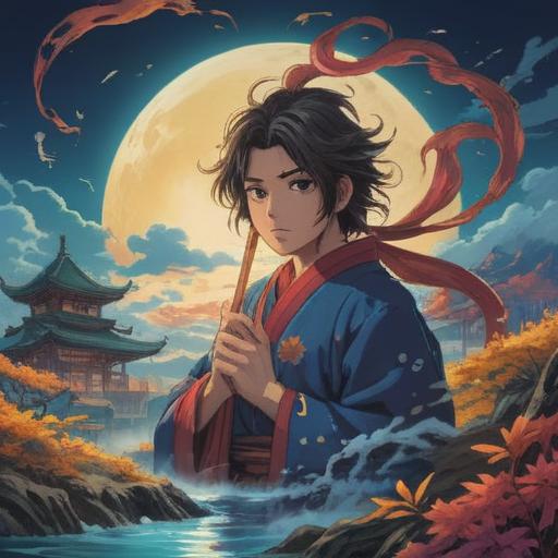 A mystical portrayal of Yamato Takeru, a legendary Japanese figure, surrounded by ethereal spirits, vibrant colors, ancient Japanese landscape in the background, symbols of bravery and honor, dynamic composition, serene yet powerful energy, reflecting the spiritual significance of heroism and mythology, 4k