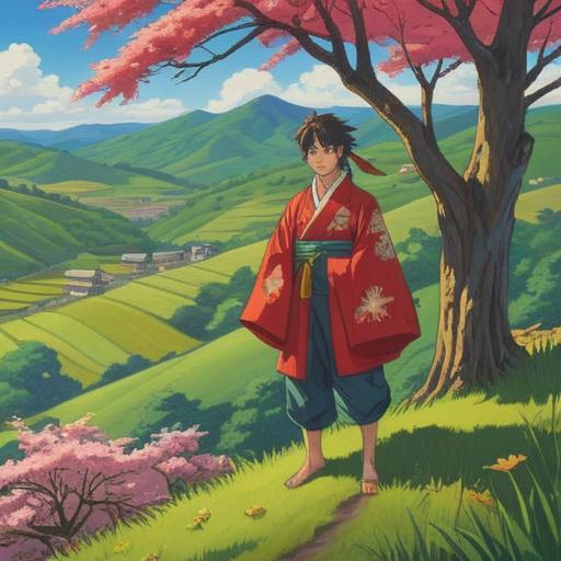 A serene illustration of Yamato Takeru, depicted in traditional Japanese attire, standing atop a lush green hill, surrounded by cherry blossom trees in full bloom, a gentle breeze rustling the petals, a radiant sun illuminating the scene, a mystical aura surrounding him, symbols of good fortune like cranes and tortoises in the background, soft pastel colors, harmonious composition, spiritual energy, 4k