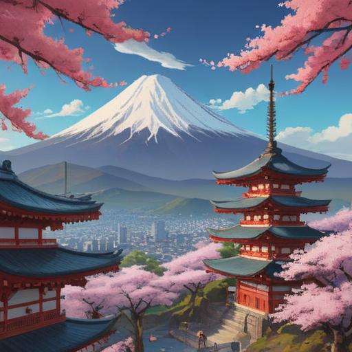 A serene illustration of Japan's historical symbols, featuring a majestic Mount Fuji in the background, traditional Japanese motifs like cherry blossoms and cranes, intertwining elements representing luck and connection to Yamato Takeru, a tranquil river flowing through, soft sunlight filtering through the trees, harmonious color palette, 4k