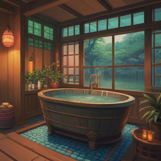 A serene Japanese bath scene, traditional wooden soaking tub filled with sake, steam rising gently, soft candlelight illuminating the space, calming atmosphere, spiritual symbols in the background, harmonious balance of nature and relaxation, warm earthy tones, 4k