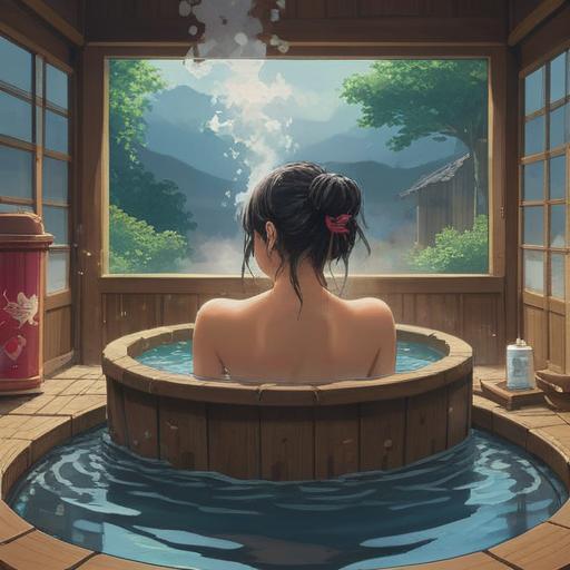 A serene scene of a person enjoying a traditional Japanese bath, surrounded by steam rising from the hot water, a bottle of sake resting on a wooden side table, soft light filtering through paper screens, tranquil atmosphere, reflection of water, subtle spiritual symbols in the background, 4k
