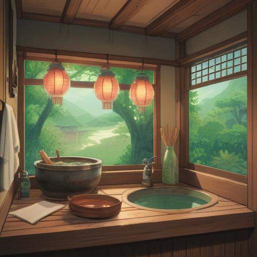 A serene illustration of a tranquil Japanese bathroom, rice wine (sake) elegantly placed on a wooden counter, soft light filtering through shoji screens, subtle steam rising from an onsen, symbolic motifs representing spirituality, hints of traditional Japanese decor, peaceful atmosphere, balanced composition, inviting and calming scene