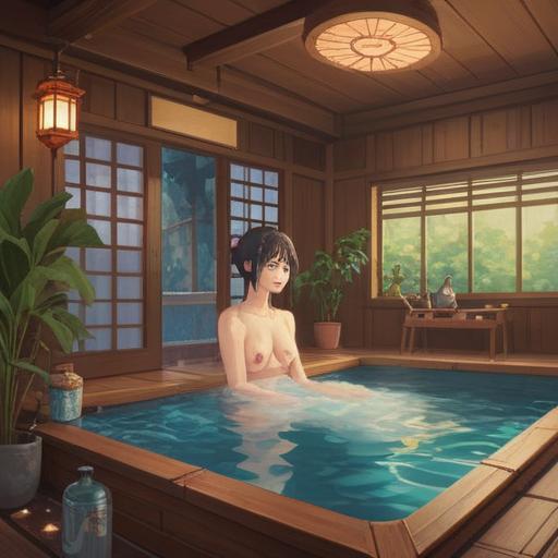 A cozy and inviting scene of a traditional Japanese bathhouse, warm steam rising from a wooden bath filled with clear water, a bottle of exquisite sake and a sake cup placed elegantly nearby, hints of cherry blossoms floating in the air, soft light filtering through shoji screens, an atmosphere of relaxation and serenity, cultural elements reflecting Japanese heritage, detailed textures of wood and fabric, vibrant colors showcasing the beauty of sake, 4k