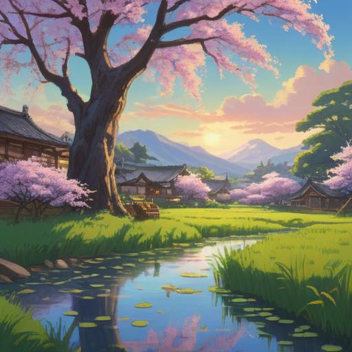 A serene spiritual illustration representing the purification of sake, elegant rice fields under a clear blue sky, soft sunlight filtering through cherry blossom trees, a traditional sake vessel radiating a gentle glow, tranquil water reflecting the essence of spirituality, a peaceful atmosphere inviting contemplation, harmonious elements of nature, 4k