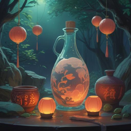A serene and contemplative scene featuring a traditional sake bottle and cups, surrounded by ethereal mist, soft glowing orbs representing spiritual signs, gentle rippling water reflecting the moonlight, a tranquil Japanese garden in the background, delicate cherry blossoms in bloom, an overall sense of purification and spiritual clarity, inviting and harmonious atmosphere, 4k