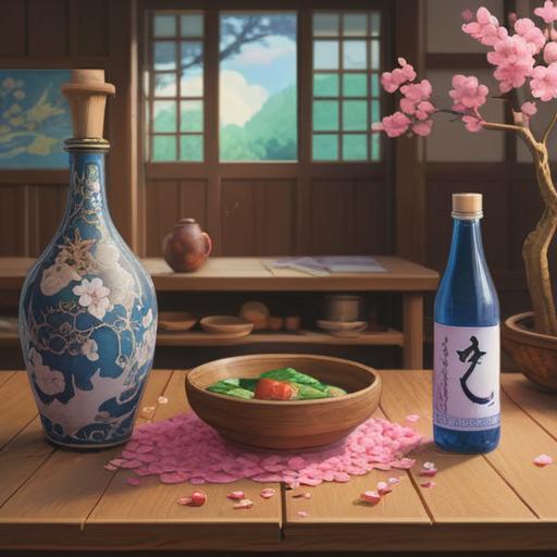 A serene scene depicting a traditional Japanese sake ceremony, elegant sake bottles and cups on a wooden table, cherry blossom petals floating in the air, warm ambient lighting, a person smiling while pouring sake, surrounded by soft greenery, the essence of culture and luck, harmonious atmosphere, 4k
