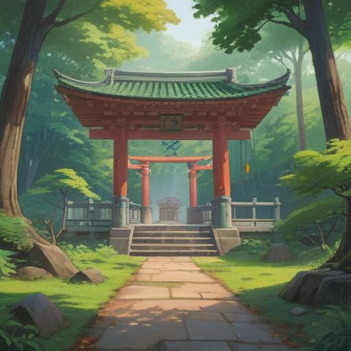 A serene landscape featuring the Jingu shrine, surrounded by lush greenery and ancient trees, a gentle light filtering through the leaves, a path leading to the shrine, representation of spiritual energy, tranquil atmosphere, traditional Japanese architecture, harmonious connection with nature, sacred space, 4k