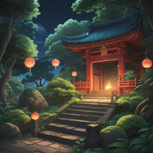 A serene illustration of a visitor at the Jitokudai Shrine, surrounded by lush greenery and softly glowing orbs representing spiritual signs, peaceful atmosphere, gentle sunlight filtering through trees, traditional Japanese architecture, meditative expression, harmonious connection with nature, 4k