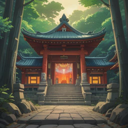 A serene and mystical illustration of the front of Futsunushi Shrine, serene atmosphere, subtle spiritual symbols in the surroundings, gentle lighting highlighting the torii gate, lush greenery enhancing the tranquility, a sense of divine protection, soft ethereal glow around sacred objects, visitors experiencing enlightenment, 4k