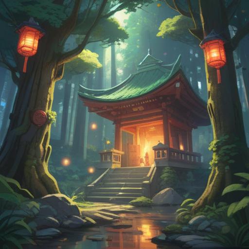 A serene and mystical illustration of the Jinba Shrine, lush greenery surrounding the shrine, vibrant lucky charms hanging from the trees, rays of sunlight filtering through the leaves, visitors engaging in rituals to enhance their fortune, a sense of tranquility and hope, detailed traditional architecture, harmonious atmosphere, 4k