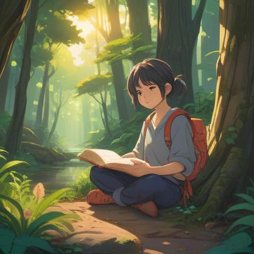 A serene morning routine depicting a person practicing mindfulness, surrounded by nature, soft sunlight filtering through trees, a journal open with positive affirmations, a cup of herbal tea steaming gently, peaceful expression, harmonious atmosphere, promoting good fortune and positive energy, vibrant colors, 4k