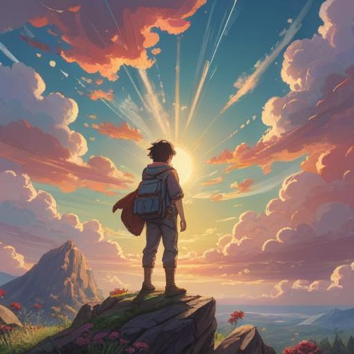 A serene outdoor scene, a person looking up at the sky with a thoughtful expression, rays of sunlight breaking through the clouds, ethereal glow surrounding them, gentle breeze rustling leaves, a feeling of calm and positivity, abstract symbols representing good omens floating in the air, lush greenery and soft flowers in the background, warm and uplifting atmosphere, 4k