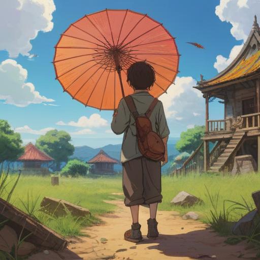 A serene scene depicting a person standing under a bright sky, looking concerned, an abandoned parasol lying on the ground, mystical symbols subtly appearing in the air, emphasis on emotions of anxiety and awareness, nature surrounding the figure, vibrant colors, atmospheric depth, dreamlike quality, capturing the essence of spiritual warning signs, 4k