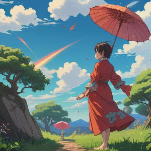 A symbolic illustration depicting a scene of a person standing under a bright sky, looking determined, a broken parasol lies at their feet, vibrant flowers blooming around them, signifying new beginnings, a path ahead leading towards hope, soft sunlight illuminating the scene, inspiring mood, emotional resonance, 4k