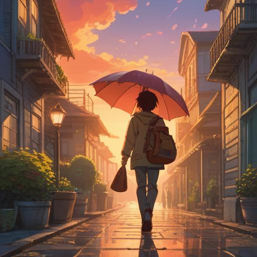 A peaceful scene depicting a person walking under the sun without an umbrella, symbolizing the act of letting go, surrounded by glowing light and ethereal aura, reflecting a sense of freedom and spiritual awakening, warm summer day, vibrant colors, serene expression, connection to nature, 4k