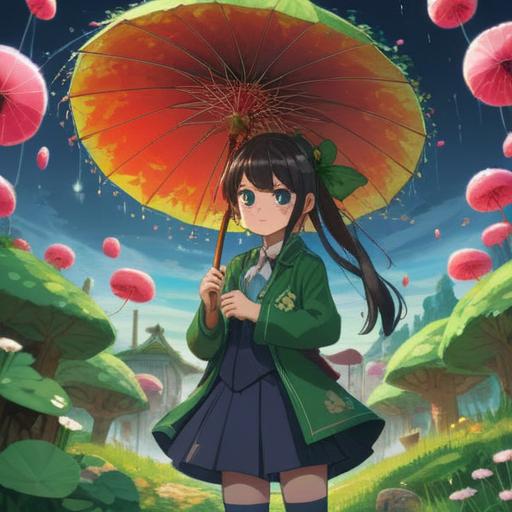 A whimsical illustration of a lucky item to carry after losing a parasol, featuring a vibrant four-leaf clover, surrounded by sparkling good luck symbols, bright sunny day setting, serene park background, cheerful ambiance, magical realism, 4k