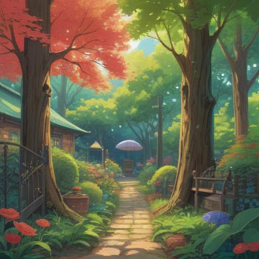 A serene illustration depicting a comforting scene after losing a sunshade, gentle sunlight filtering through trees, a cozy garden setting, a person sitting on a bench with a book, surrounded by vibrant flowers and soft cushions, creating a peaceful and healing atmosphere, soft colors, inviting composition, 4k