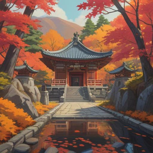 A serene landscape of Nikko Tōshō-gū Shrine, vibrant autumn foliage surrounding the shrine, gentle sunlight filtering through the trees, a peaceful atmosphere, visitors reflecting and gaining insights, intricate wooden architecture of the shrine, traditional Japanese elements, tranquil pond reflecting the beauty, spiritual and enlightening experience, 4k