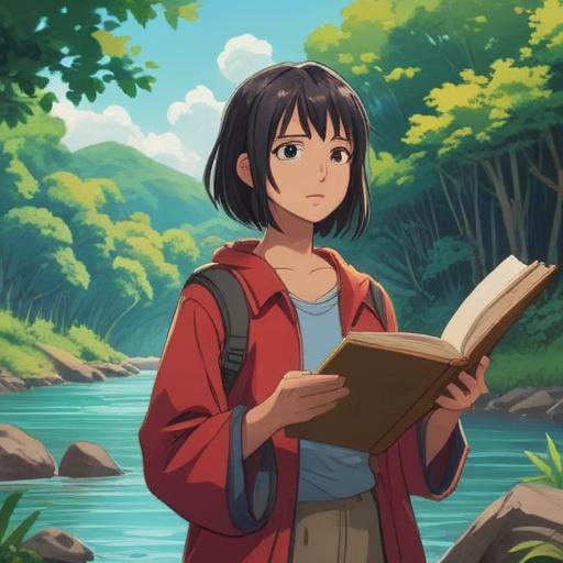 A serene and reflective scene, a person standing by a tranquil river, holding a diary with pages fluttering in the wind, symbols of spiritual signs subtly incorporated in the background, soft ethereal light illuminating the surroundings, a sense of introspection and caution, nature enveloping the figure, representing the delicate balance between letting go and honoring memories, 4k