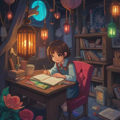 A whimsical illustration of a lucky charm found after discarding a diary, vibrant colors, mysterious aura, enchanting setting, surrounded by symbolic elements like coins and four-leaf clovers, soft warm lighting, delightful character holding the charm, 4k