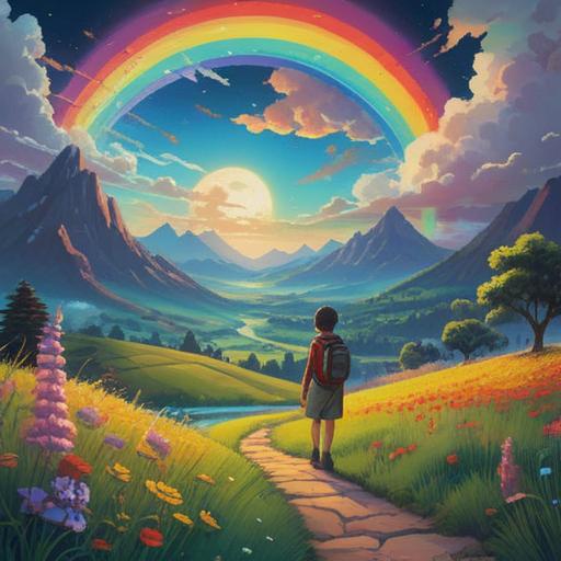 A vibrant landscape featuring a colorful rainbow arching over a serene meadow, mystical elements like glowing orbs and ethereal clouds, a figure meditating in tranquility, symbolic representations of dreams like vivid butterflies and floating stars, harmonious colors blending together, a sense of peace and spiritual awakening, 4k