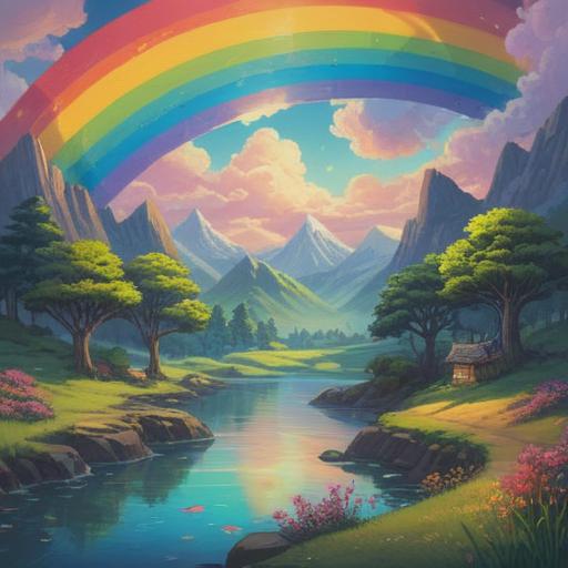 A vibrant depiction of a rainbow, symbolizing spiritual good signs, colors blending harmoniously, ethereal light illuminating the scene, serene landscape with blooming flowers, peaceful aura, uplifting energy, clear blue sky, spiritual connection, 4k