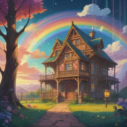 A whimsical illustration of a lucky item connecting a rainbow and dreams, enchanting scenery, vibrant colors, ethereal atmosphere, magical elements, a shimmering rainbow arching over a dreamy landscape, intricate details on the lucky item, sparkling stars, serene surroundings, 4k