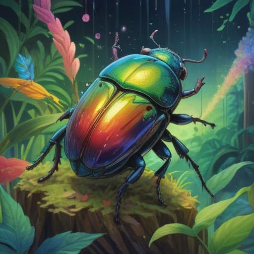 A vibrant illustration of a rainbow-colored beetle, shimmering with iridescent hues, symbolic representation of spiritual significance, lush green environment, soft light filtering through leaves, ethereal atmosphere, delicate details showcasing the insect’s unique patterns, harmonious connection with nature, 4k