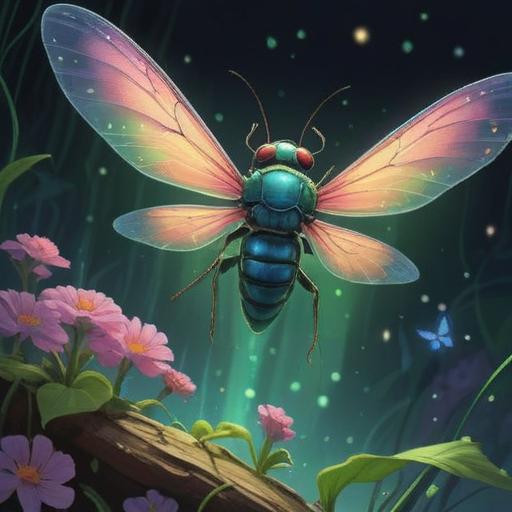 A vibrant, iridescent insect hovering gracefully above blooming flowers, surrounded by a gentle, ethereal glow, representing spiritual signs of good fortune, soft rays of sunlight filtering through lush greenery, harmonious and calming atmosphere, intricate details in the insect’s wings, symbolic elements of hope and positivity, 4k