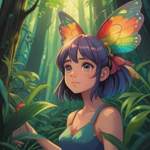 A vibrant scene of a character discovering a rainbow-colored insect in a lush forest, sunlight filtering through the leaves, sparkling atmosphere, the insect radiating magical energy, a sense of adventure and wonder, nature's beauty, vivid colors, 4k