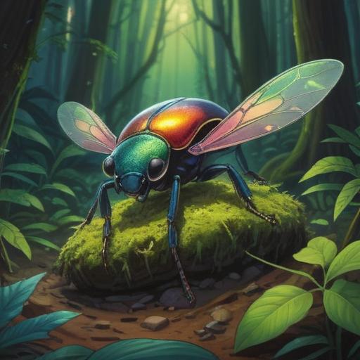 A vibrant illustration of a rainbow-colored beetle, surrounded by a lush forest, sparkling light filtering through the leaves, the beetle guiding a pathway, hints of magical doors appearing in the background, a sense of wonder and fortune, intricate details on the insect, an enchanting ambiance, 4k