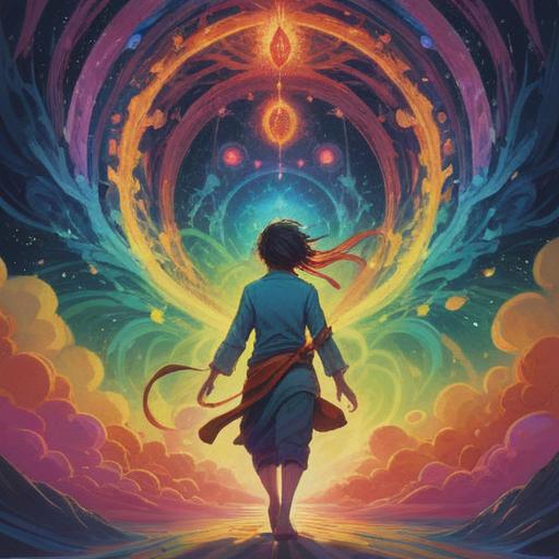 A vibrant rainbow aura radiating around a meditative figure, symbolic of spiritual energy, surrounded by ethereal light, mystical patterns in the background, harmony and balance, soft glowing colors, serene expression, 4k