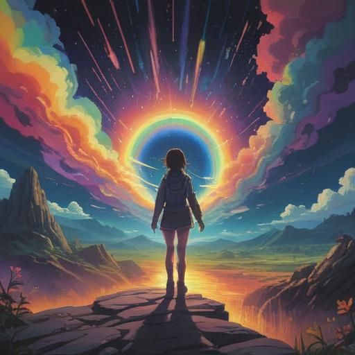 A mystical scene depicting a vibrant rainbow aura surrounding an ethereal figure, symbolizing positive spiritual signs, serene atmosphere, gentle light rays illuminating the surroundings, lush nature in the background, flowing energies, harmony and peace, uplifting emotions, divine guidance, 4k