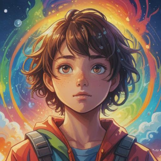 A vibrant illustration depicting a person surrounded by a radiant rainbow aura, symbolic representation of spiritual energy, mystical elements integrating with nature, various colors blending harmoniously, serene facial expression indicating awareness and contemplation, ethereal background with soft light effects, subtle signs of spiritual guidance, 4k